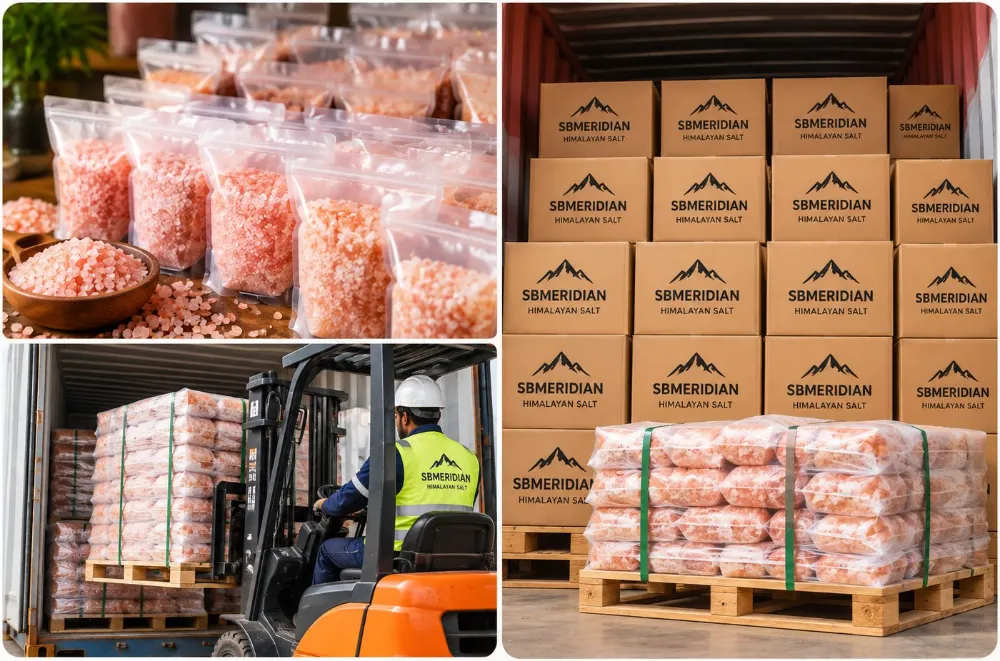 SB Meridian Himalayan salt: packed bags, loading with a forklift, and branded export cartons on pallets